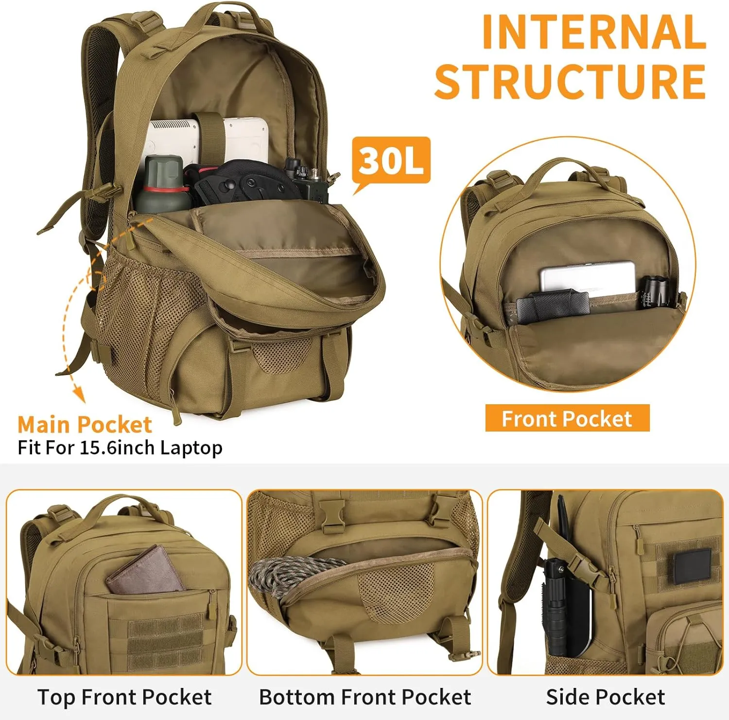 HUNTVP Military Tactical Backpack MOLLE Backpack Rucksack Gear Assault Pack Daypack for Hunting Camping Hiking Backpack 30L(Brown)