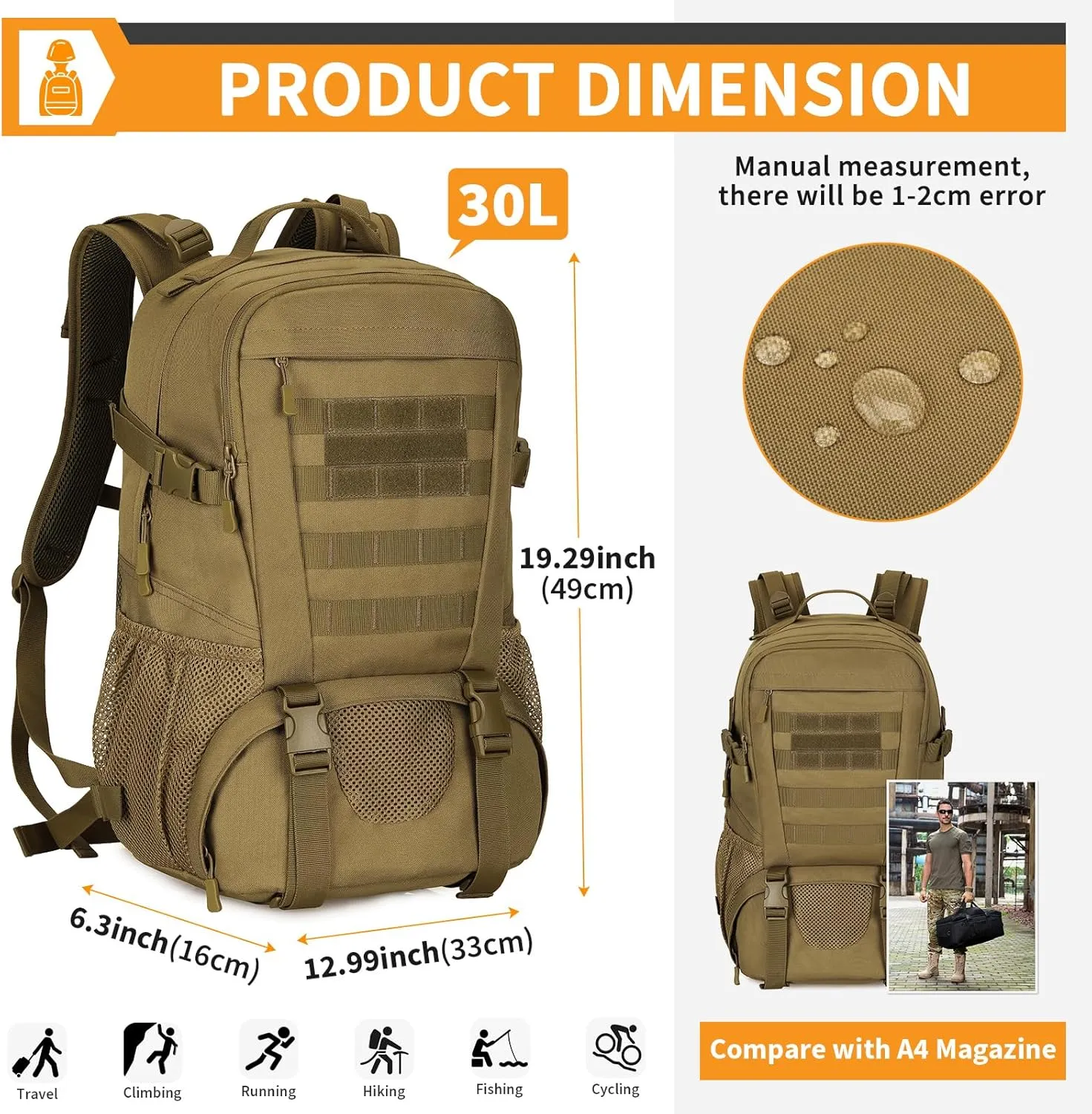 HUNTVP Military Tactical Backpack MOLLE Backpack Rucksack Gear Assault Pack Daypack for Hunting Camping Hiking Backpack 30L(Brown)