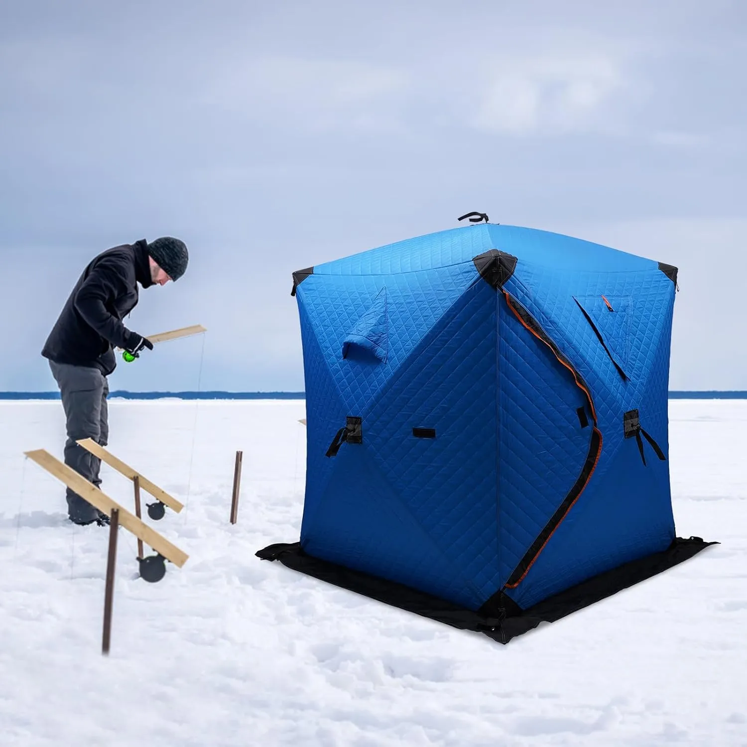 Ice Fishing Shelter, Portable 1-2 Person Insulated Ice Fishing Shanty with Insulated Layer and Carrying Bag for Ice Fishing Winter Fishing