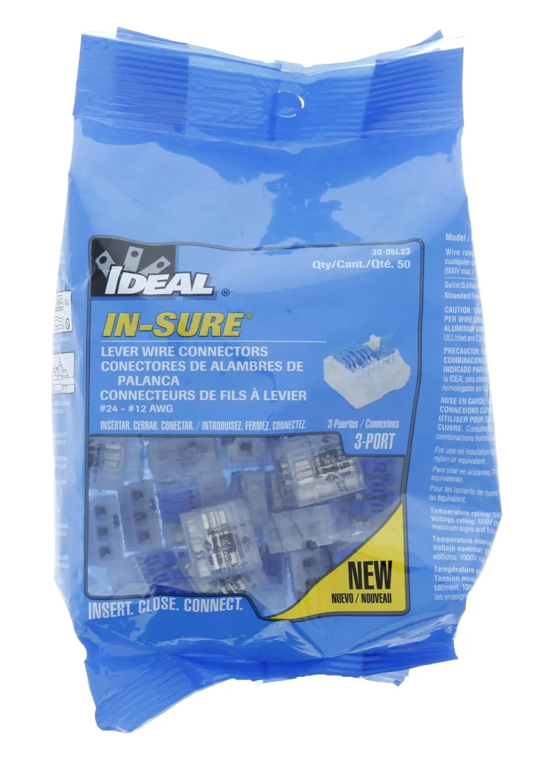 IDEAL Electrical In-Sure Lever Wire Connector,12 AWG, 3-Port(30-05L23), Bag of 50—Compact Releasable Connectors for Solid and Stranded Wires