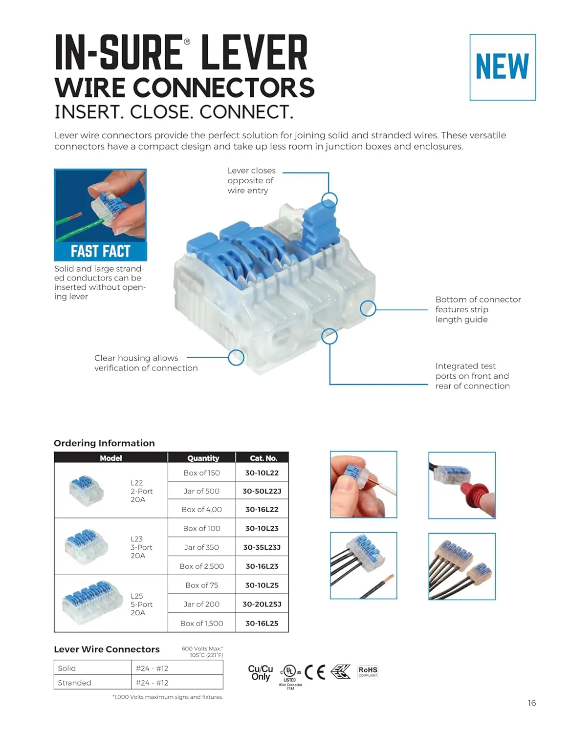 IDEAL Electrical In-Sure Lever Wire Connector,12 AWG, 3-Port(30-05L23), Bag of 50—Compact Releasable Connectors for Solid and Stranded Wires