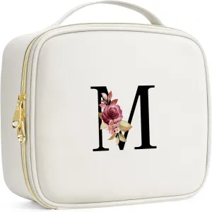 Initials Travel Makeup Train Case Birthday Mothers Day Gifts for Women, Personalized Makeup Cosmetic Case Organizer with Adjustable Dividers, Makeup Organizer Bag for Make up Brushes, Beige, M.