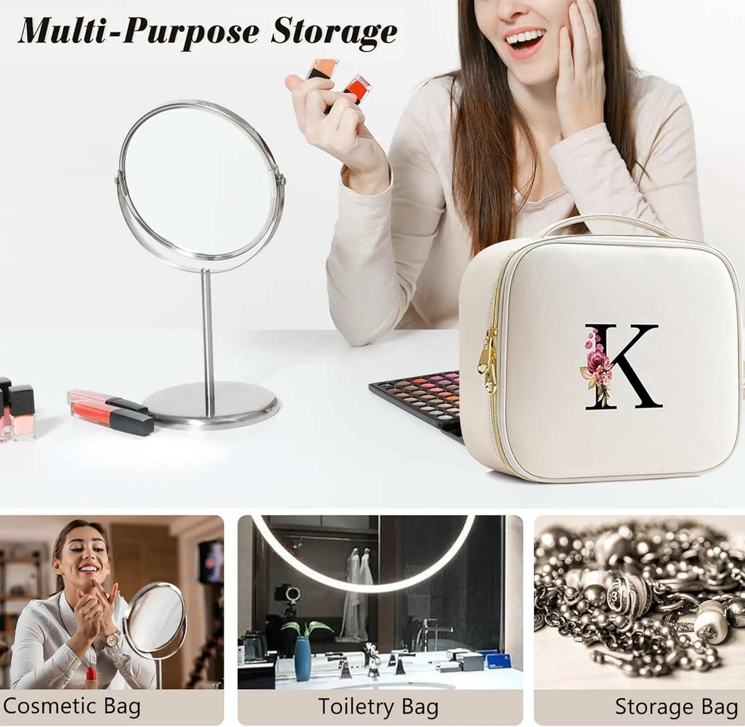 Initials Travel Makeup Train Case Birthday Mothers Day Gifts for Women, Personalized Makeup Cosmetic Case Organizer with Adjustable Dividers, Makeup Organizer Bag for Make up Brushes, Beige, M.