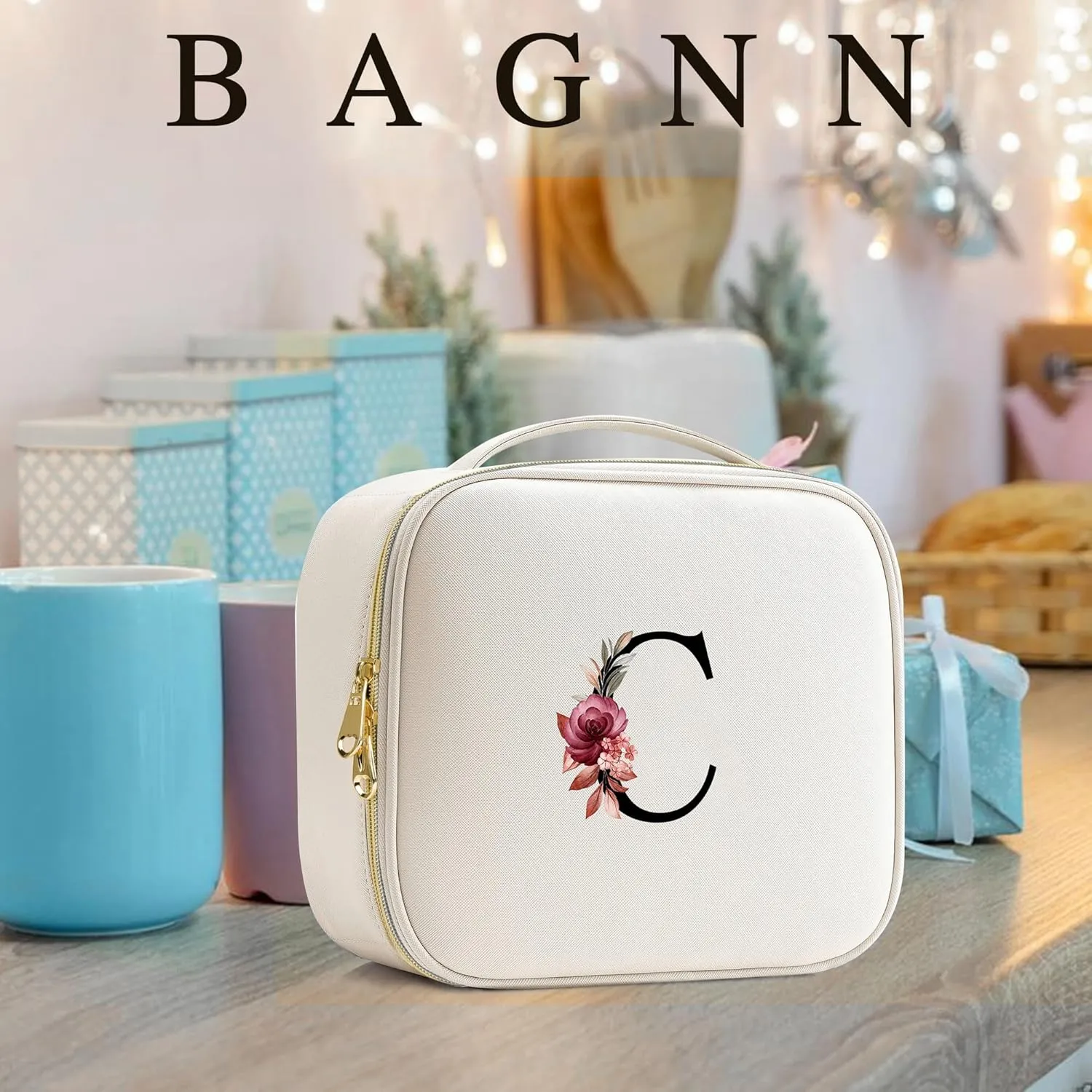 Initials Travel Makeup Train Case Birthday Mothers Day Gifts for Women, Personalized Makeup Cosmetic Case Organizer with Adjustable Dividers, Makeup Organizer Bag for Make up Brushes, Beige, M.