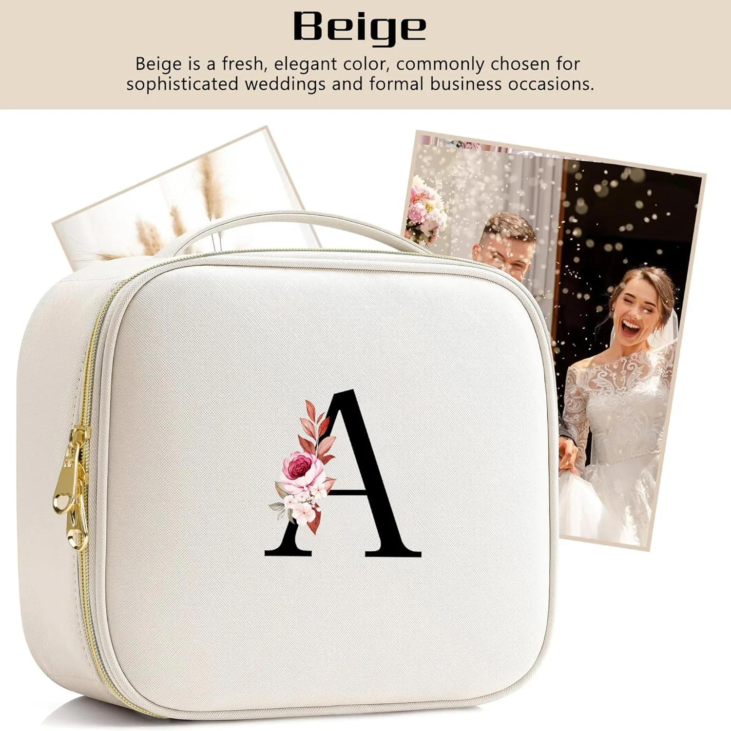 Initials Travel Makeup Train Case Birthday Mothers Day Gifts for Women, Personalized Makeup Cosmetic Case Organizer with Adjustable Dividers, Makeup Organizer Bag for Make up Brushes, Beige, M.