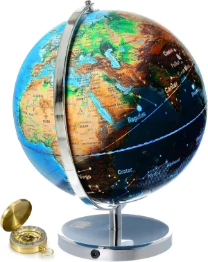 Interactive World Globe for Adults - Large 13 Inch Globe with Stand - Earth Globe with Illuminated Constellations Light Up at Night - Geographic Map for Kids - Educational Learning Gift - Compass to navigate it!
