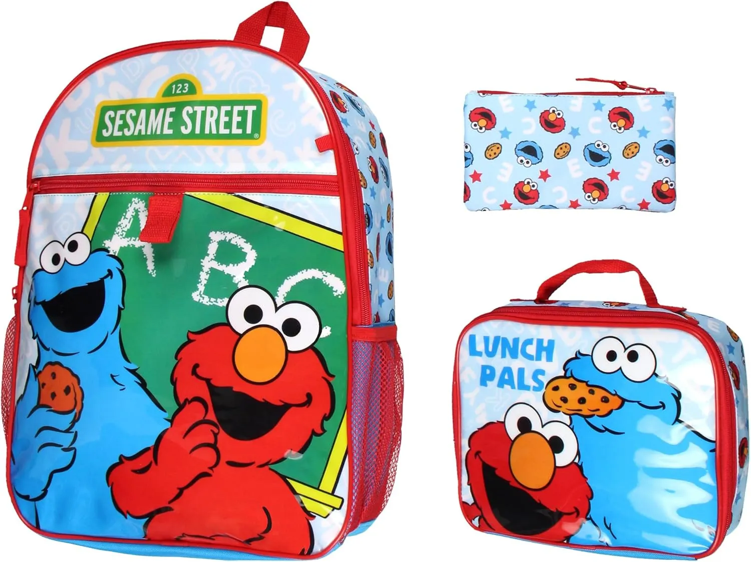 INTIMO Sesame Street ABC Cookie Monster Elmo 3 PC Backpack Lunch Box Pencil Pouch