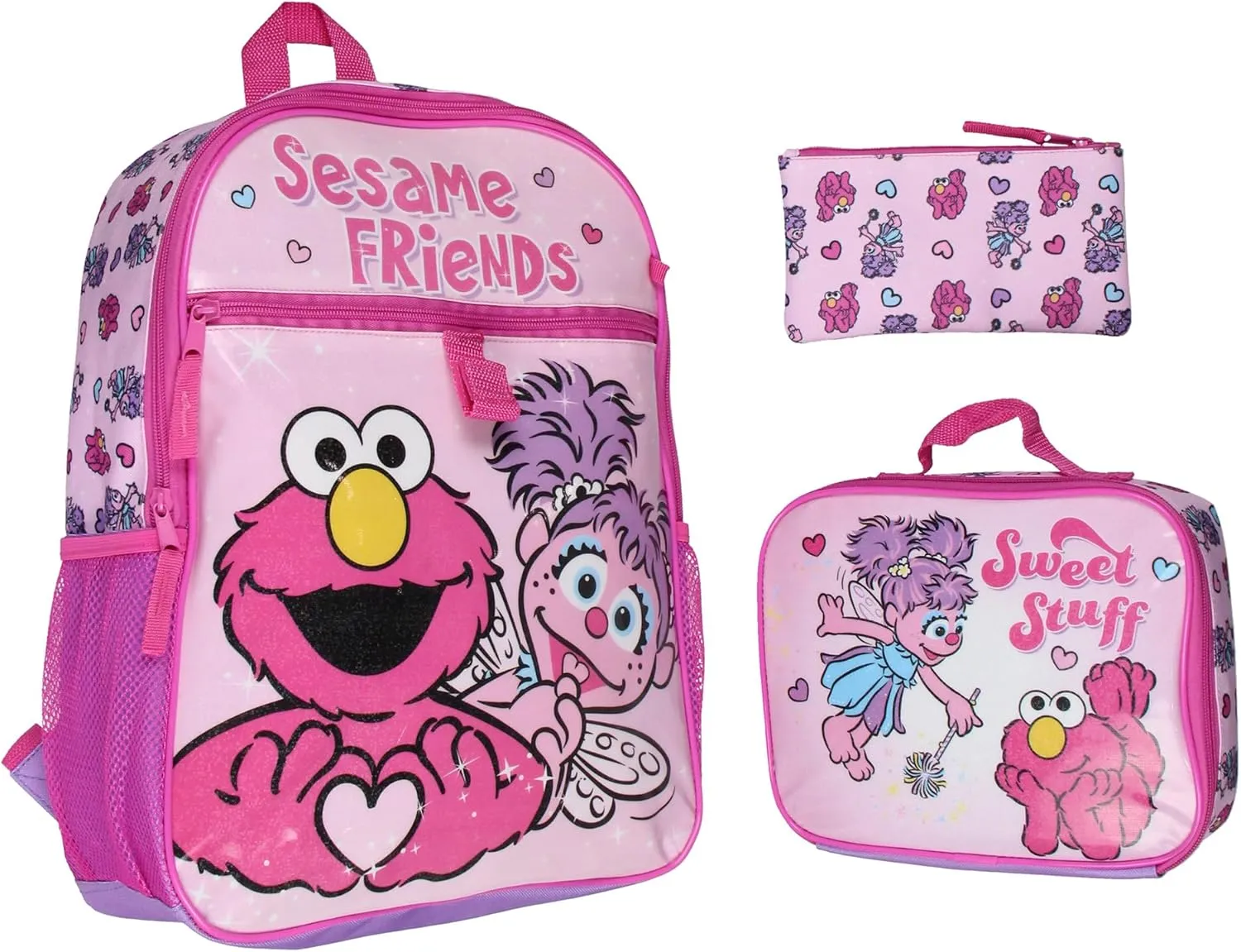 INTIMO Sesame Street Friends Elmo Abby Cadabby 3 PC Backpack Lunch Box Pencil Pouch