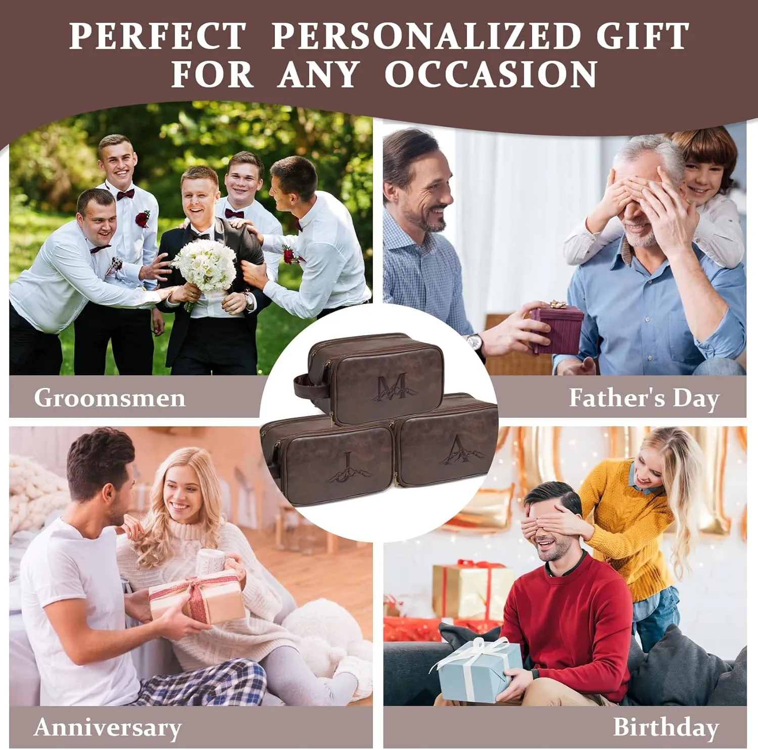Janhavi Personalized Toiletry Bag for Men, Beach Vacation Travel Essentials, Waterproof Toiletry Bag with Hook, Laser Engraved Initials & Mountain, Birthday Gifts For Him(Dark Brown C)