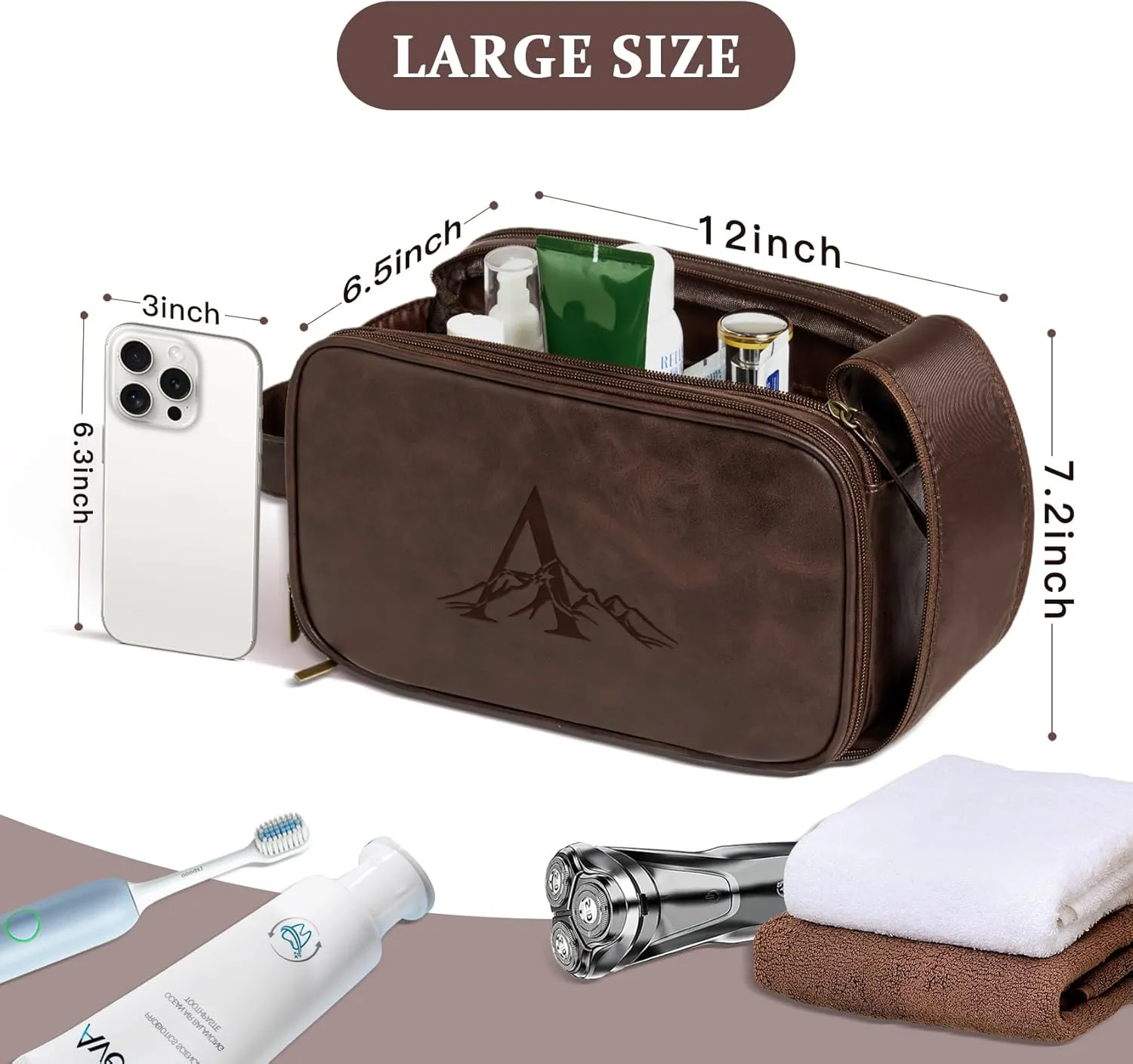 Janhavi Personalized Toiletry Bag for Men, Beach Vacation Travel Essentials, Waterproof Toiletry Bag with Hook, Laser Engraved Initials & Mountain, Birthday Gifts For Him(Dark Brown C)