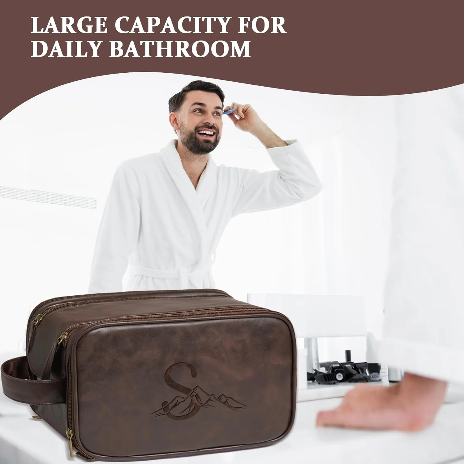 Janhavi Personalized Toiletry Bag for Men, Beach Vacation Travel Essentials, Waterproof Toiletry Bag with Hook, Laser Engraved Initials & Mountain, Birthday Gifts For Him(Dark Brown C)