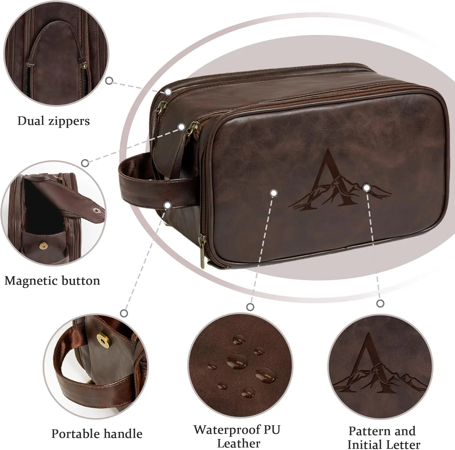 Janhavi Personalized Toiletry Bag for Men, Beach Vacation Travel Essentials, Waterproof Toiletry Bag with Hook, Laser Engraved Initials & Mountain, Birthday Gifts For Him(Dark Brown C)