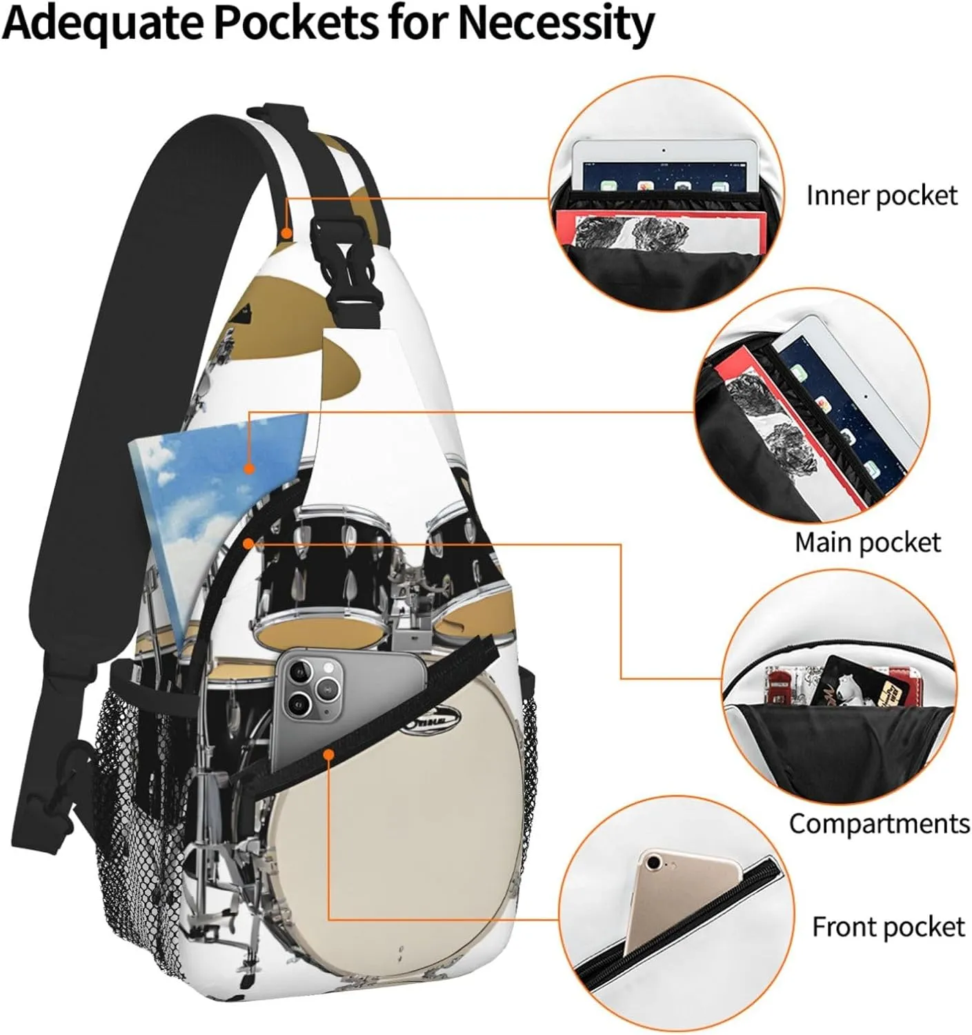 Jazz Drum Print Cross Chest Bag Diagonally - High-Capacity For Short Trips, Work, And Daily Use