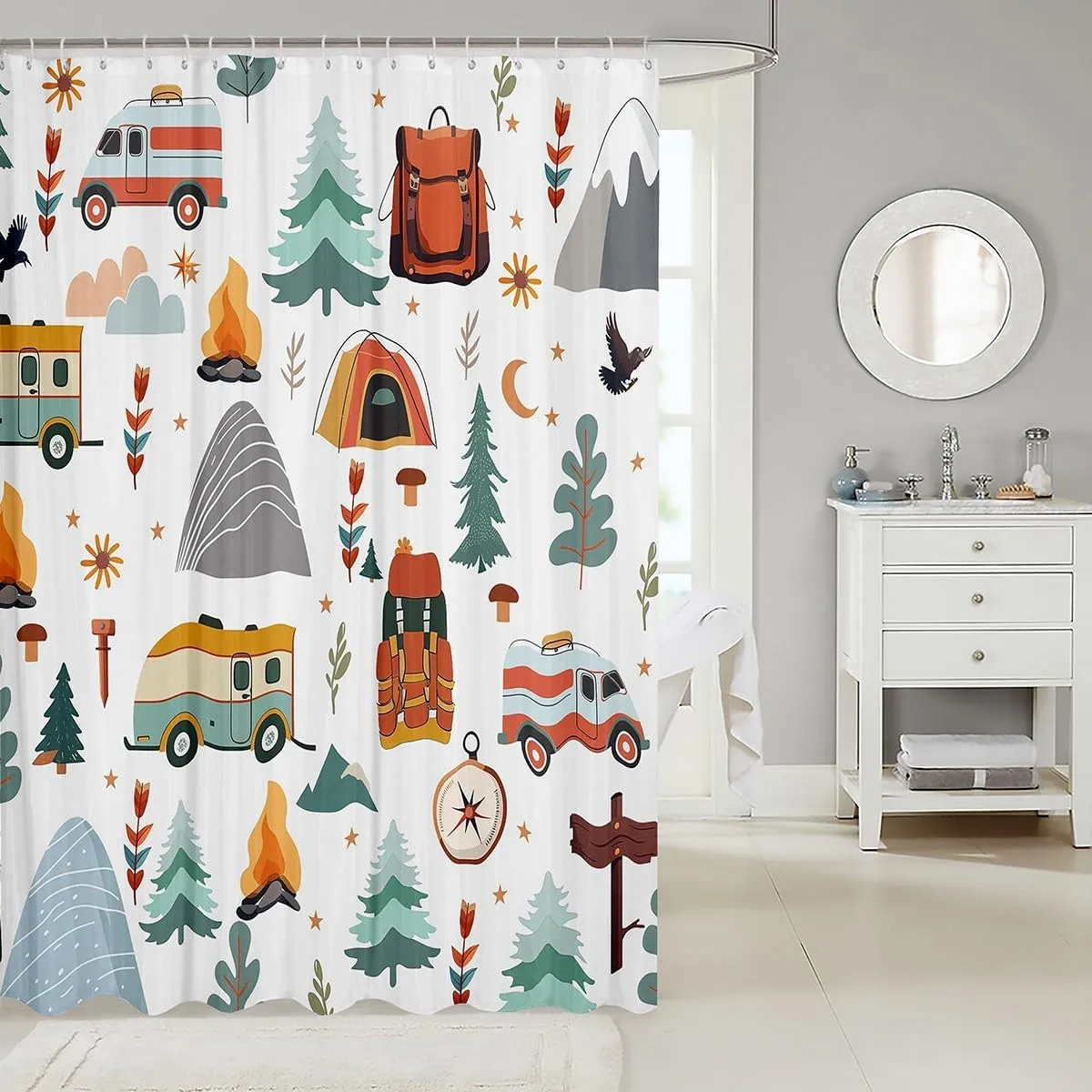jejeloiu Happy Camping Shower Curtain for Bathroom Decor Boys Girls 72"x72" Outdoor Travel Bath Curtain Travel Bag Tent Compass Print Bathroom Accessories Camping Gifts Waterproof Polyester Fabric