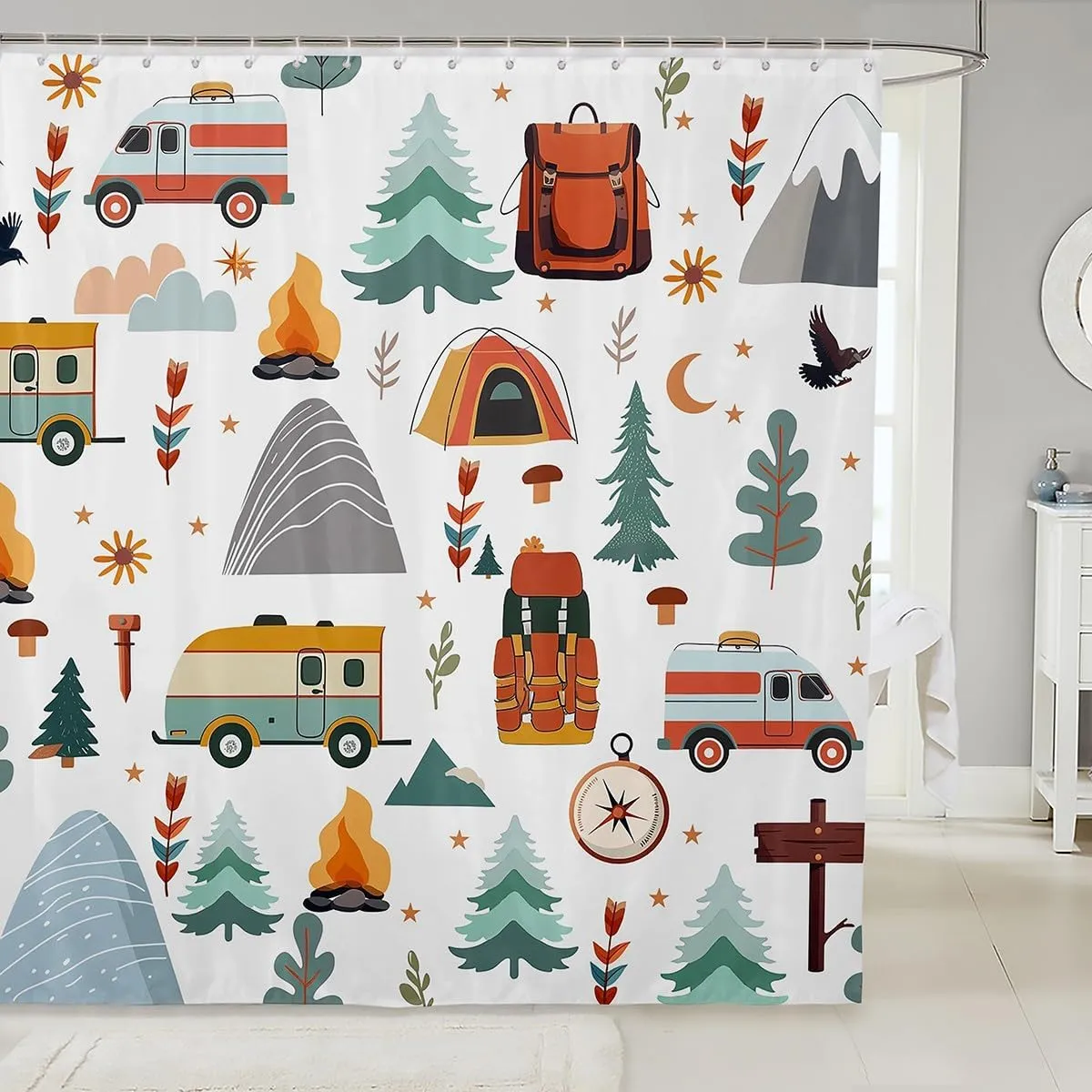 jejeloiu Happy Camping Shower Curtain for Bathroom Decor Boys Girls 72"x72" Outdoor Travel Bath Curtain Travel Bag Tent Compass Print Bathroom Accessories Camping Gifts Waterproof Polyester Fabric