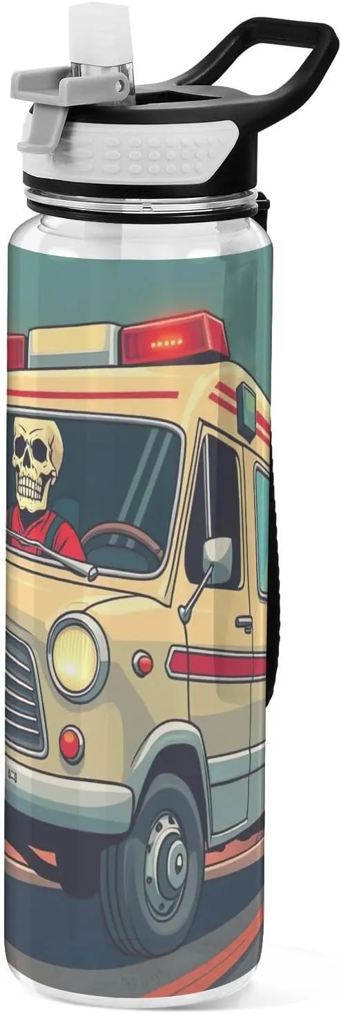 Joisal Cool Skeleton Ambulance 32 Oz Sports Water Bottle with Straw Leakproof Sport Water Bottles