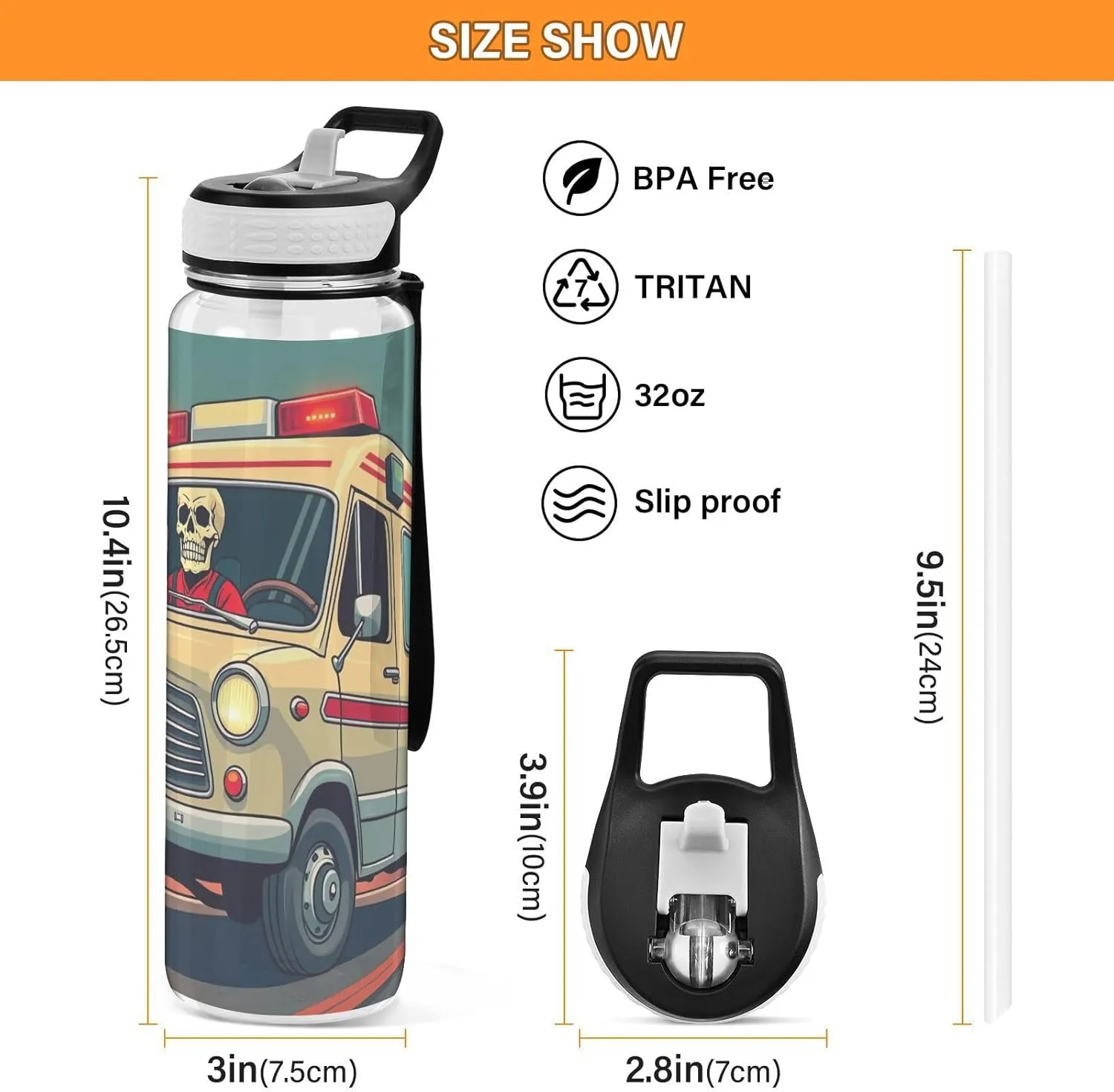 Joisal Cool Skeleton Ambulance 32 Oz Sports Water Bottle with Straw Leakproof Sport Water Bottles
