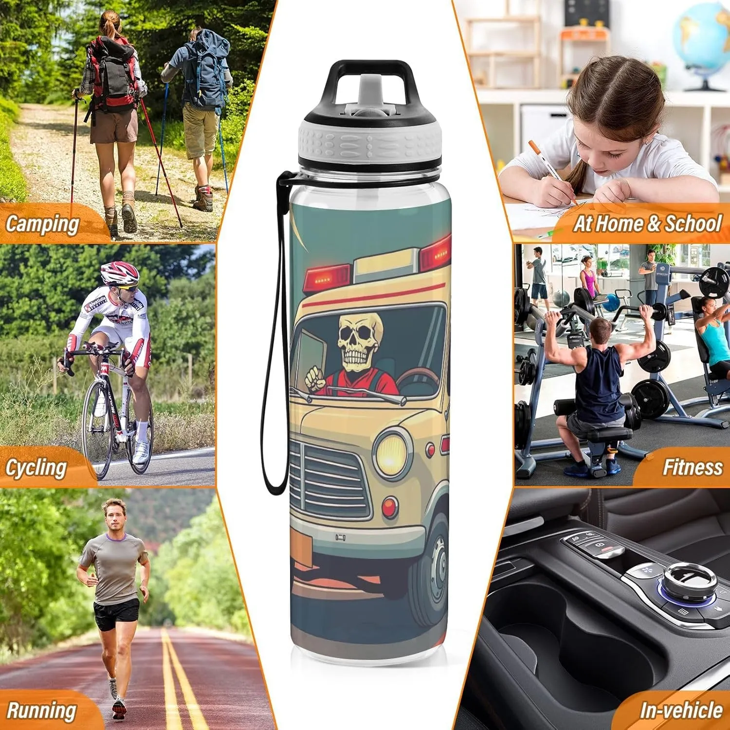 Joisal Cool Skeleton Ambulance 32 Oz Sports Water Bottle with Straw Leakproof Sport Water Bottles
