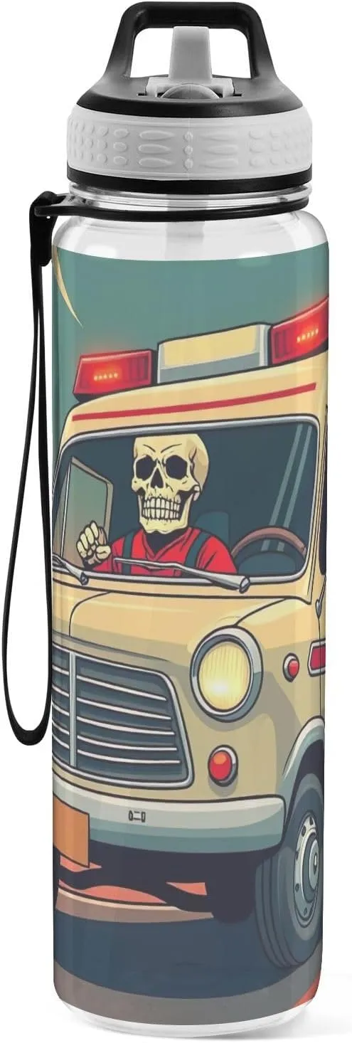 Joisal Cool Skeleton Ambulance 32 Oz Sports Water Bottle with Straw Leakproof Sport Water Bottles