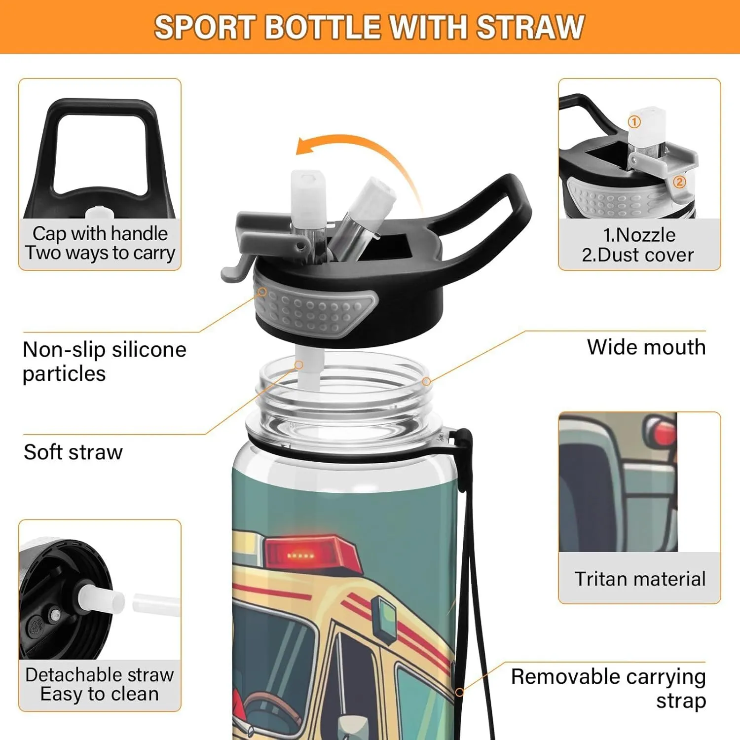 Joisal Cool Skeleton Ambulance 32 Oz Sports Water Bottle with Straw Leakproof Sport Water Bottles