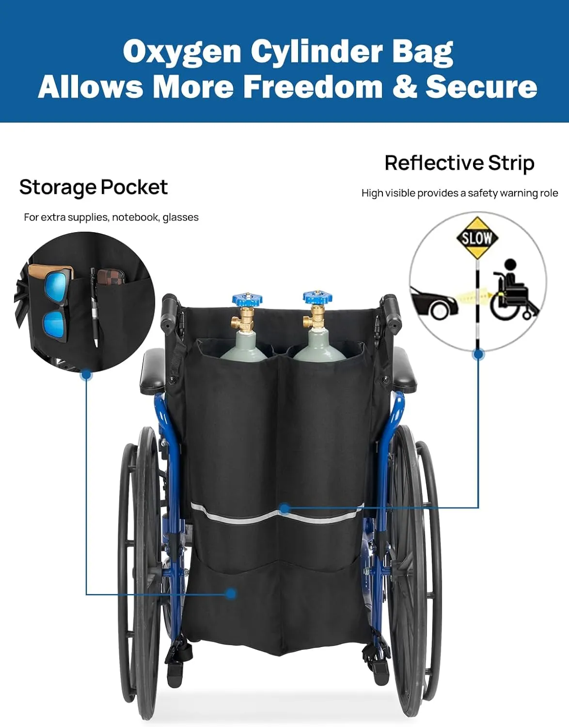 JOYTUTUS Dual Oxygen Tank Holder for Wheelchair, Portable D & E Cylinder Transport Bag, Oxygen Cylinder Bag with Storage Pocket and Adjustable Straps, Fit for Walker, Rollator, Scooter