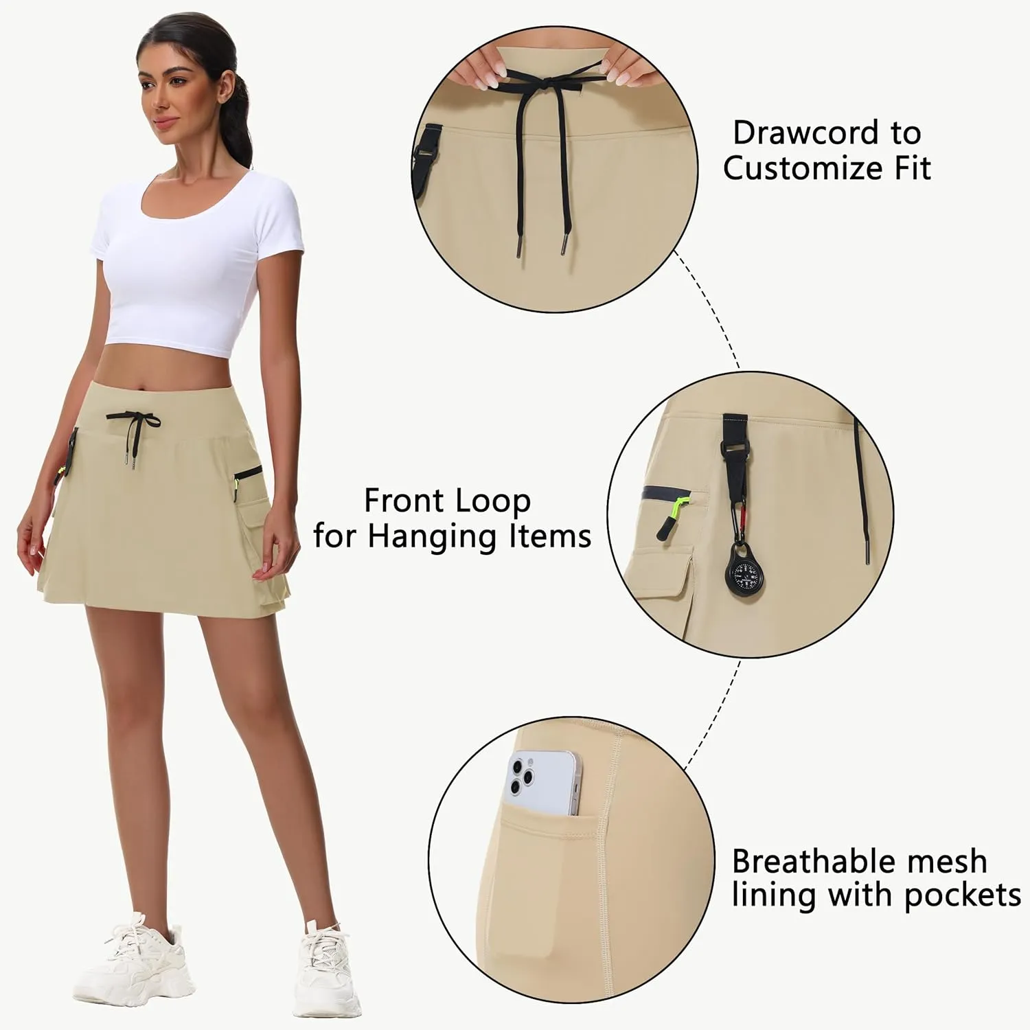 JWM Women's Hiking Cargo Skort Skirt High Waisted Golf Workout with Zipper Pockets Tummy Control Quick Dry Water Resistant