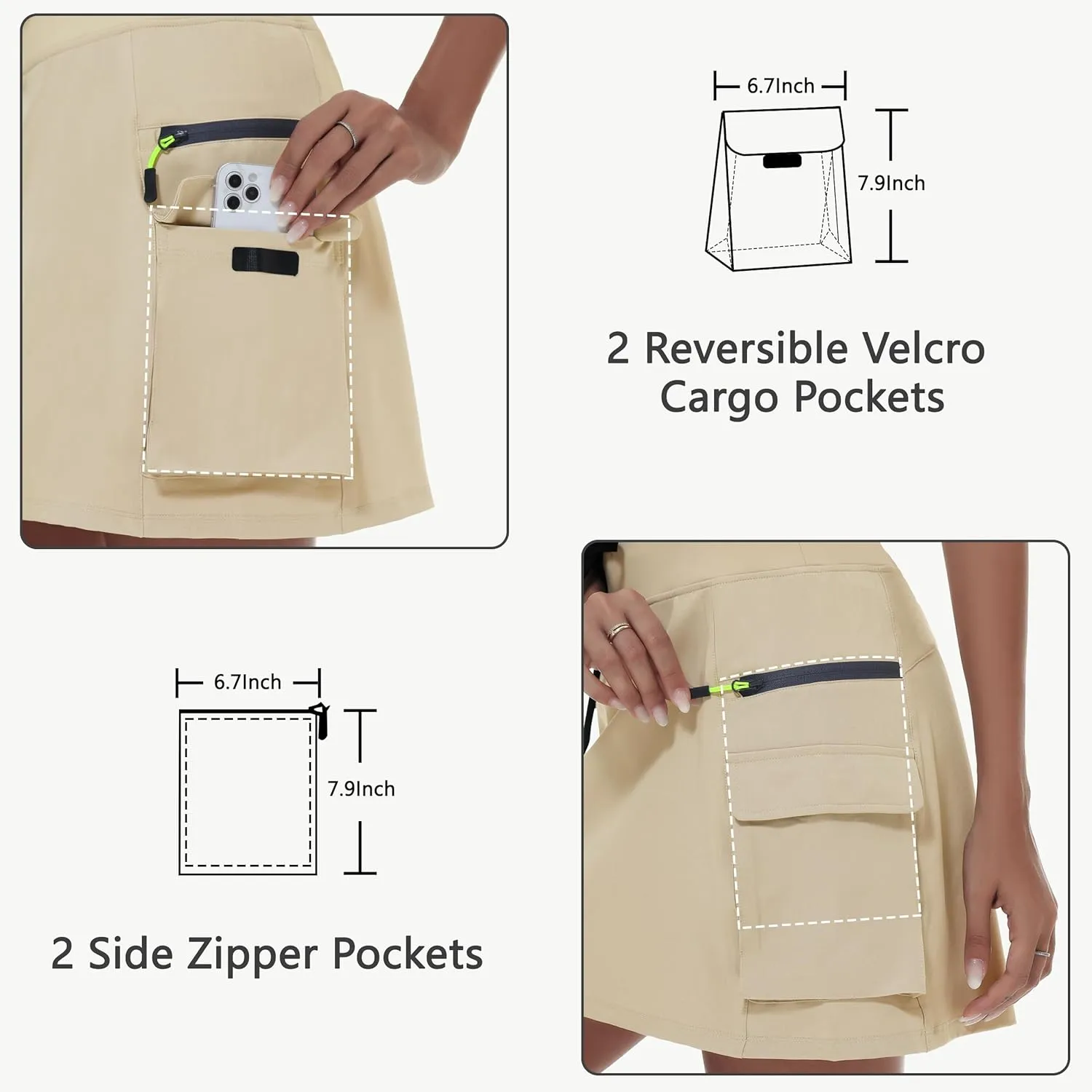JWM Women's Hiking Cargo Skort Skirt High Waisted Golf Workout with Zipper Pockets Tummy Control Quick Dry Water Resistant