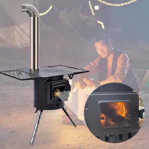 JYHHCYS Black Tent Wood Burning Stoves Portable - Easy to Transport Firewood Stove Camping w/Heat Resistant Glass - Collapsible Hot Tent Pot Belly Stove for Barbecue, Omelette, Boil Water