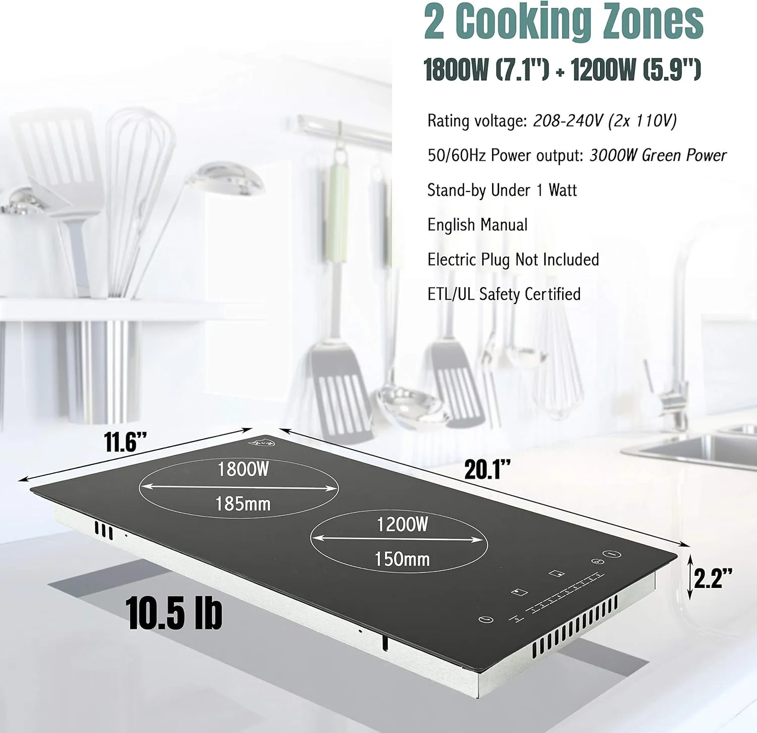 K&H 2 Two Burner Dual 12 Inch Built-in Electric Stove Top Radiant Ceramic Cooktop Sensor Touch Control 240V 3000W CERV-3002