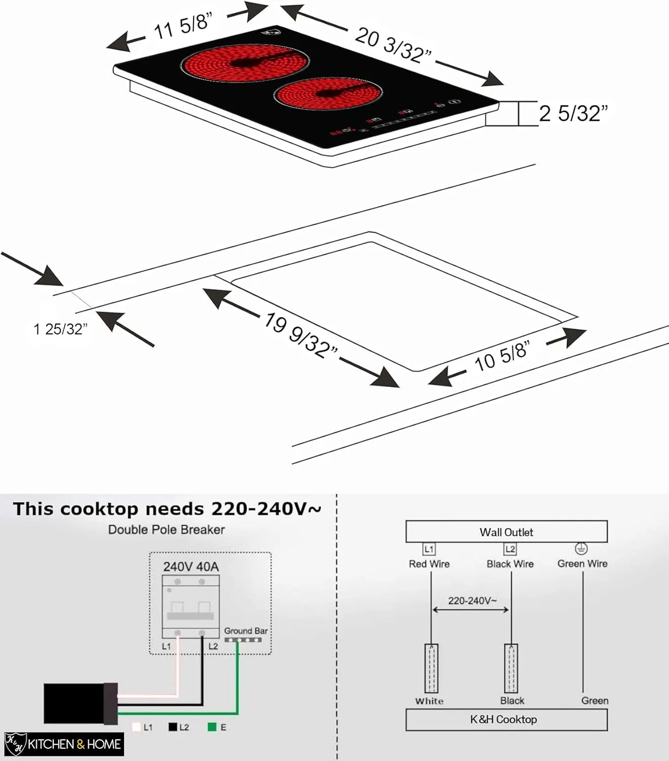 K&H 2 Two Burner Dual 12 Inch Built-in Electric Stove Top Radiant Ceramic Cooktop Sensor Touch Control 240V 3000W CERV-3002