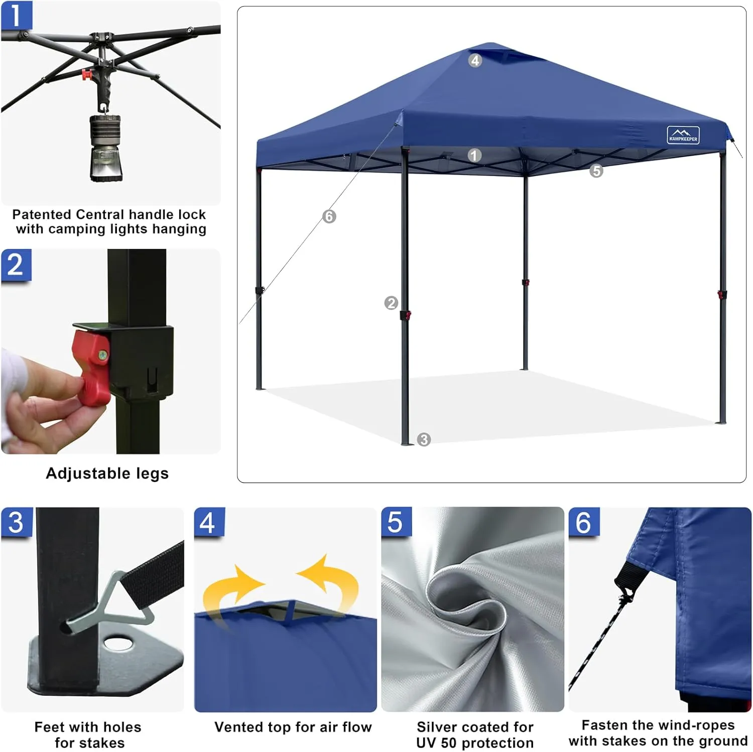 KAMPKEEPER One Person Setup 10x10 Pop up Canopy Tent, Instant Portable Canopy, One Push Outdoor Canopy with 3 Adjustable Heights, Wheeled Carry Bag, Bonus 8 Stakes and 4 Ropes(Navy)
