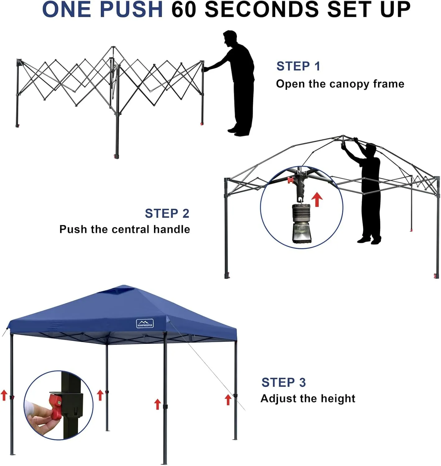 KAMPKEEPER One Person Setup 10x10 Pop up Canopy Tent, Instant Portable Canopy, One Push Outdoor Canopy with 3 Adjustable Heights, Wheeled Carry Bag, Bonus 8 Stakes and 4 Ropes(Navy)