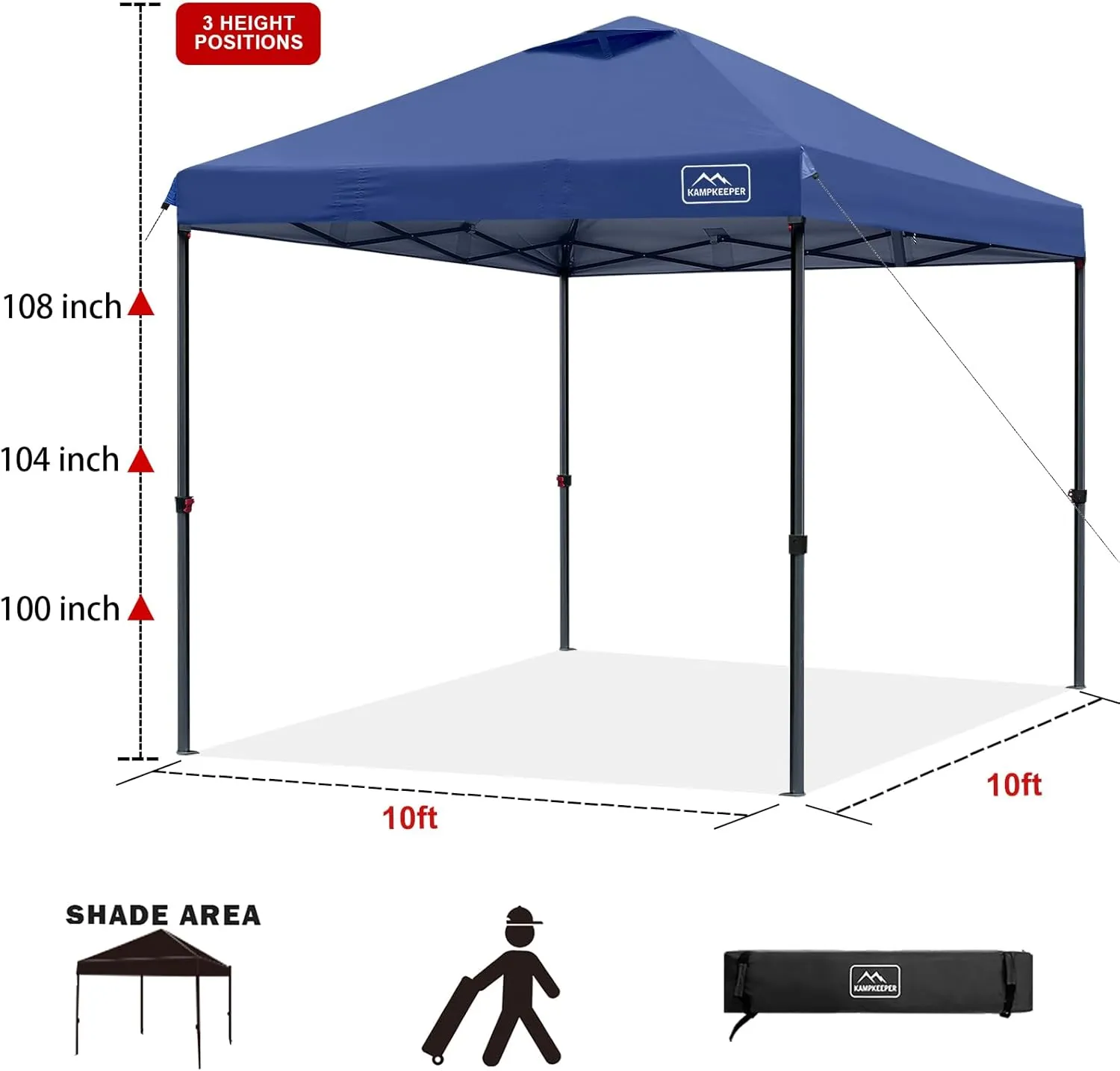KAMPKEEPER One Person Setup 10x10 Pop up Canopy Tent, Instant Portable Canopy, One Push Outdoor Canopy with 3 Adjustable Heights, Wheeled Carry Bag, Bonus 8 Stakes and 4 Ropes(Navy)