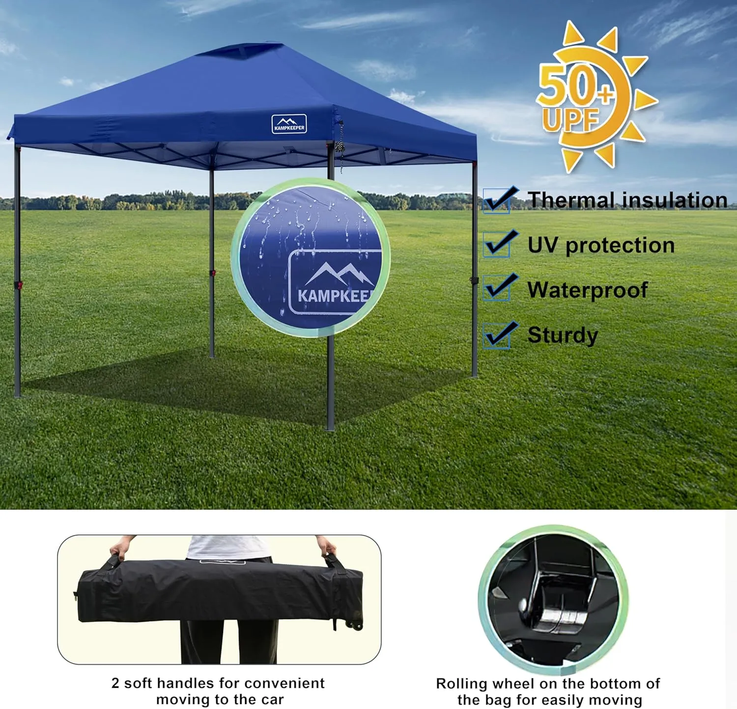 KAMPKEEPER One Person Setup 10x10 Pop up Canopy Tent, Instant Portable Canopy, One Push Outdoor Canopy with 3 Adjustable Heights, Wheeled Carry Bag, Bonus 8 Stakes and 4 Ropes(Navy)