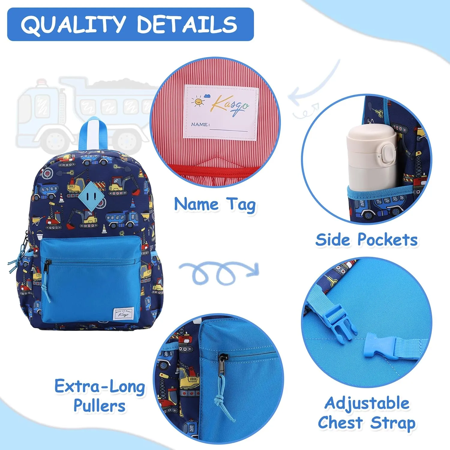 Kasqo Kids Backpack, Water Resistant Lightweight Preschool Toddler Bookbag with Chest Strap for Boys and Girls
