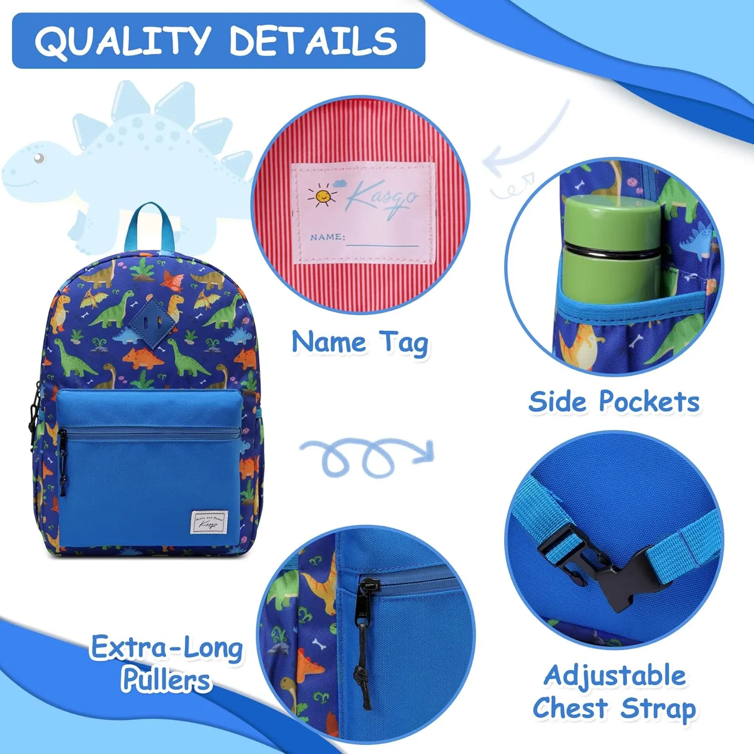 Kasqo Kids Backpack, Water Resistant Lightweight Preschool Toddler Bookbag with Chest Strap for Boys and Girls