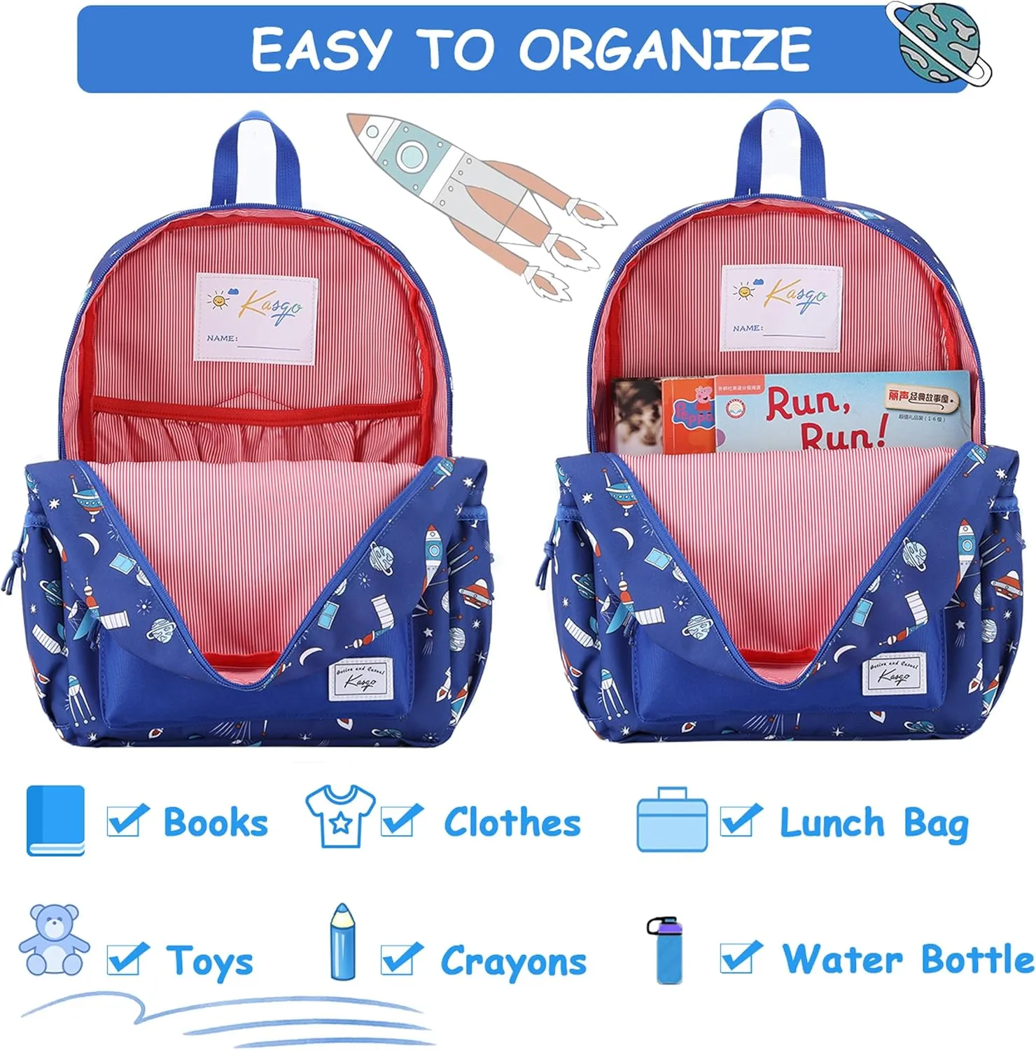 Kasqo Kids Backpack, Water Resistant Lightweight Preschool Toddler Bookbag with Chest Strap for Boys and Girls