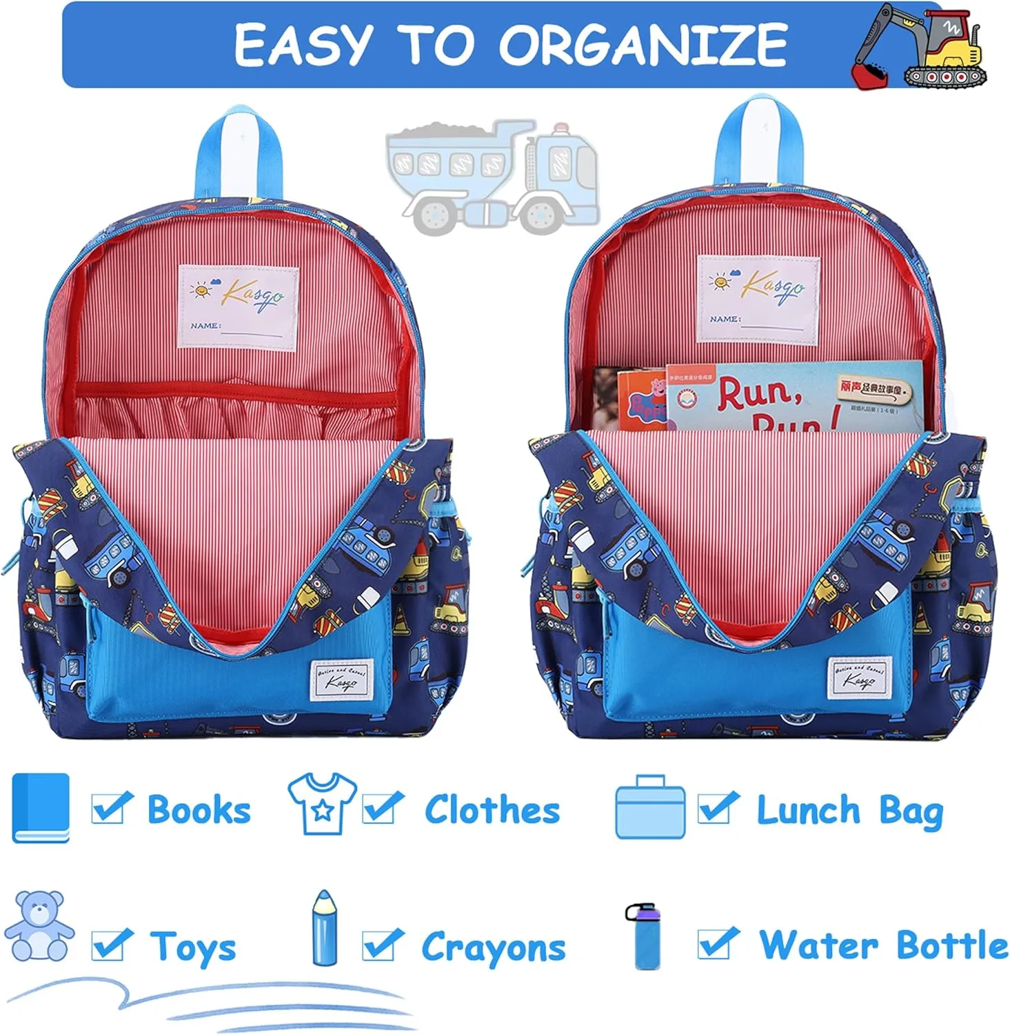 Kasqo Kids Backpack, Water Resistant Lightweight Preschool Toddler Bookbag with Chest Strap for Boys and Girls