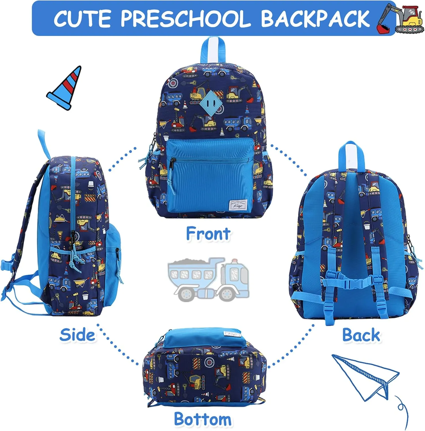 Kasqo Kids Backpack, Water Resistant Lightweight Preschool Toddler Bookbag with Chest Strap for Boys and Girls