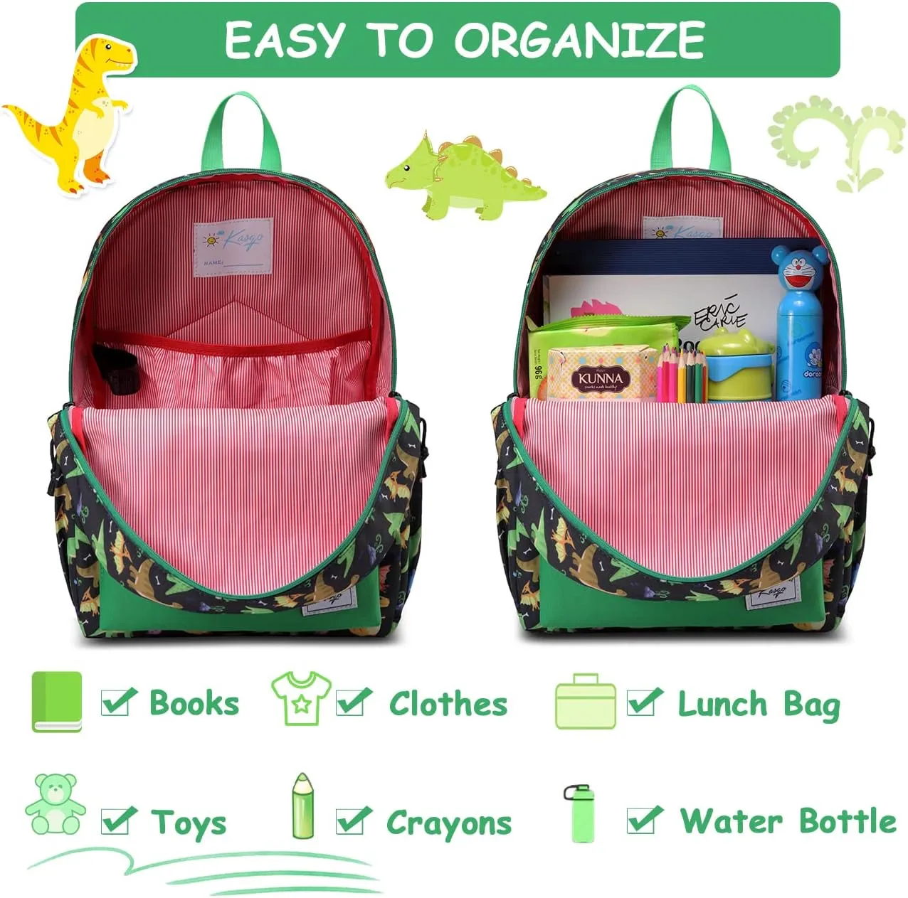 Kasqo Kids Backpack, Water Resistant Lightweight Preschool Toddler Bookbag with Chest Strap for Boys and Girls
