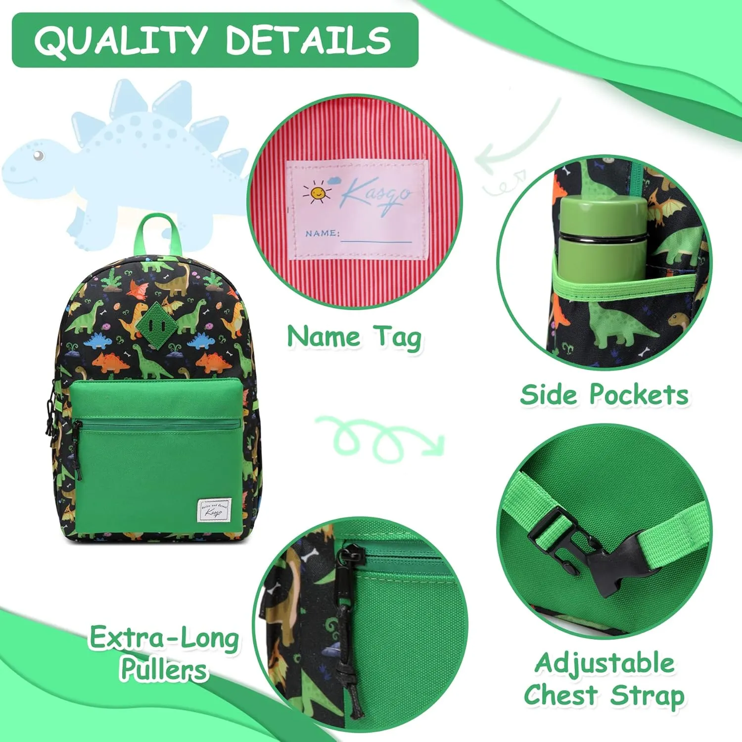 Kasqo Kids Backpack, Water Resistant Lightweight Preschool Toddler Bookbag with Chest Strap for Boys and Girls