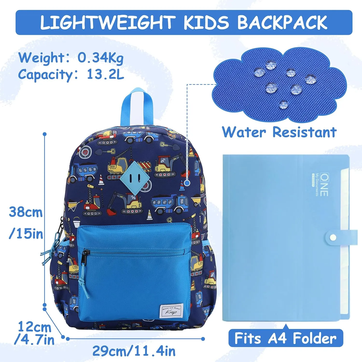 Kasqo Kids Backpack, Water Resistant Lightweight Preschool Toddler Bookbag with Chest Strap for Boys and Girls