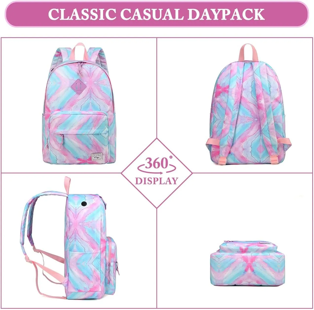 Kasqo School Backpack, 15.6 Inch Classic Lightweight Water-Resistant Backpack Bookbag Daypack for Women Teens Girls Kids College, Travel, Work, Multicolour