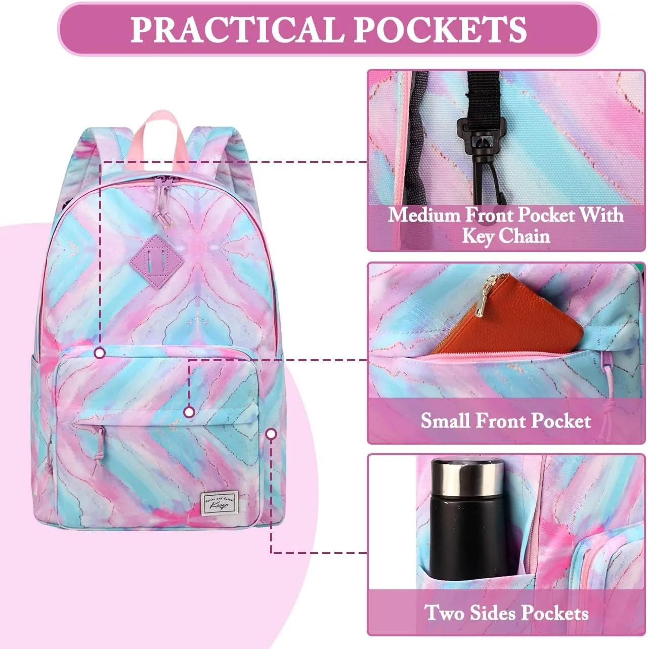 Kasqo School Backpack, 15.6 Inch Classic Lightweight Water-Resistant Backpack Bookbag Daypack for Women Teens Girls Kids College, Travel, Work, Multicolour