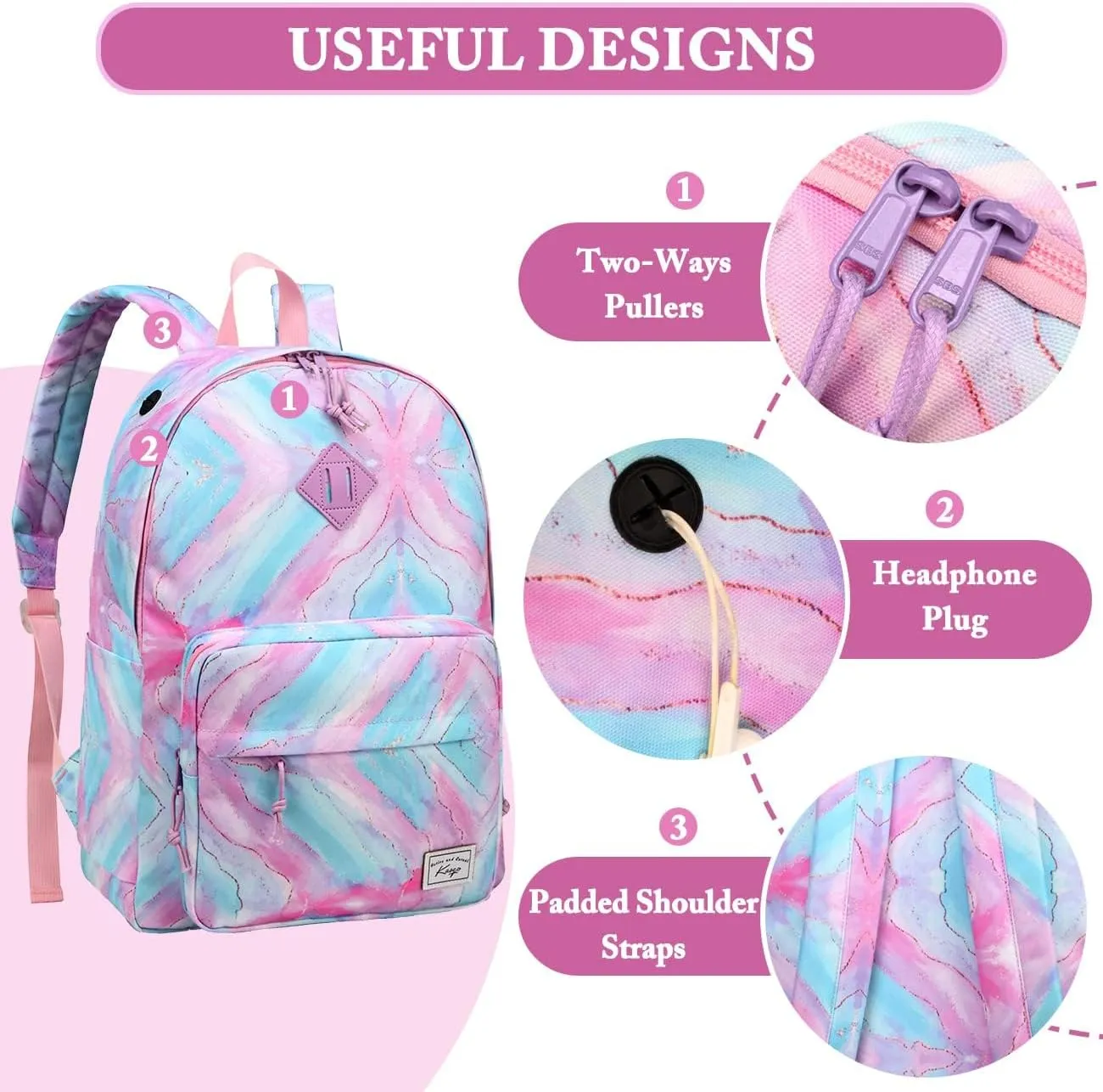 Kasqo School Backpack, 15.6 Inch Classic Lightweight Water-Resistant Backpack Bookbag Daypack for Women Teens Girls Kids College, Travel, Work, Multicolour