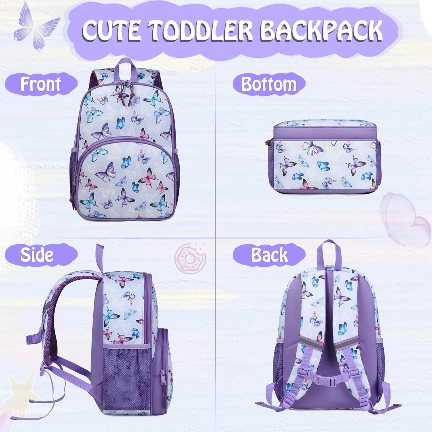 Kasqo Toddler Backpack, Water Resistant Preschool Kids Bookbag Kindergarten Daycare Schoolbag for Boys and Girls 3-6 Years,Butterfly