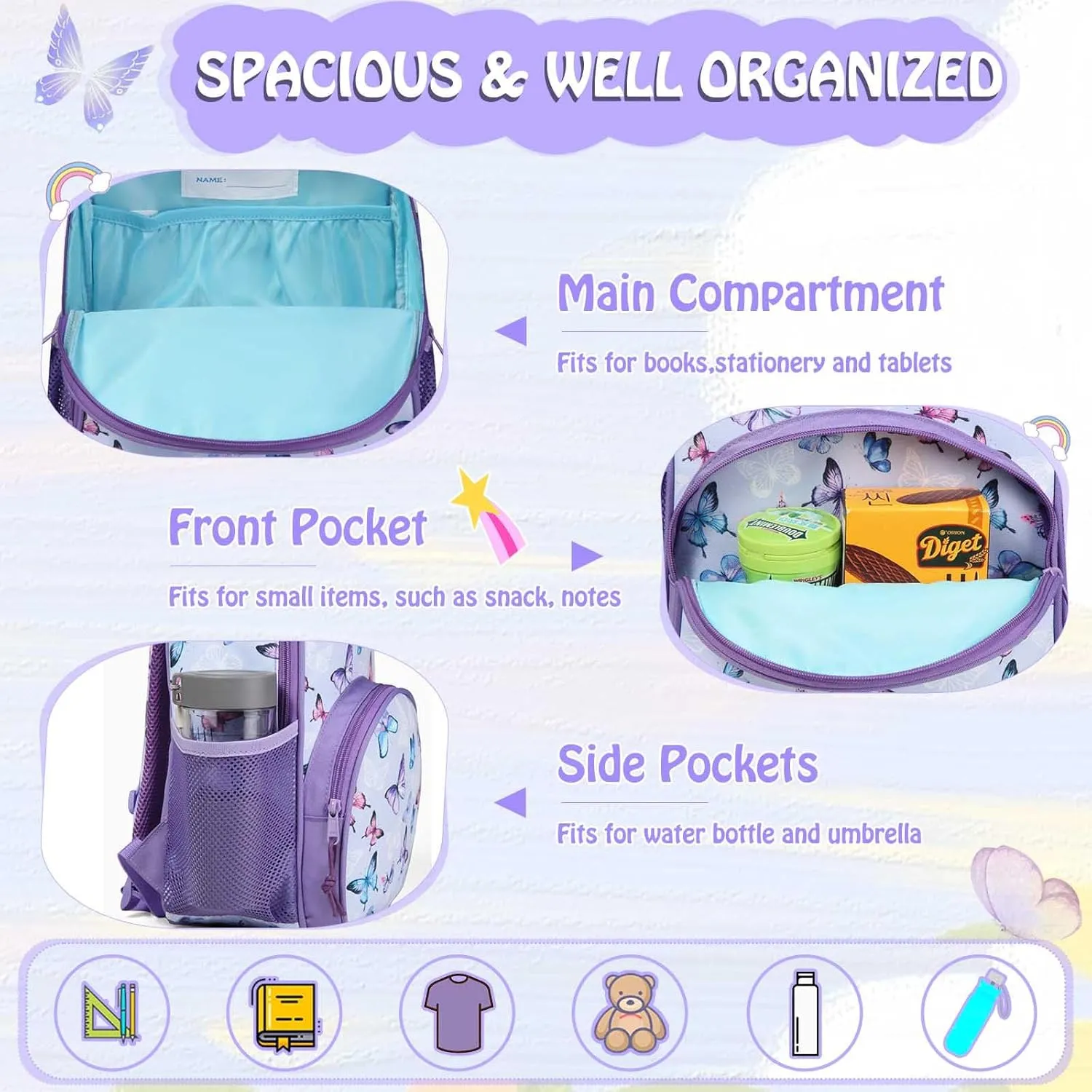 Kasqo Toddler Backpack, Water Resistant Preschool Kids Bookbag Kindergarten Daycare Schoolbag for Boys and Girls 3-6 Years,Butterfly