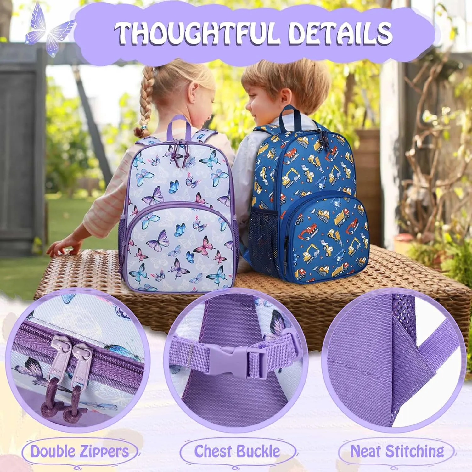 Kasqo Toddler Backpack, Water Resistant Preschool Kids Bookbag Kindergarten Daycare Schoolbag for Boys and Girls 3-6 Years,Butterfly