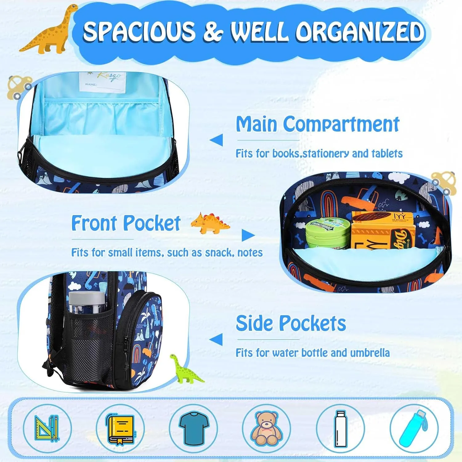 Kasqo Toddler Backpack, Water Resistant Preschool Kids Bookbag Kindergarten Daycare Schoolbag for Boys and Girls 3-6 Years,Dinosaur Car