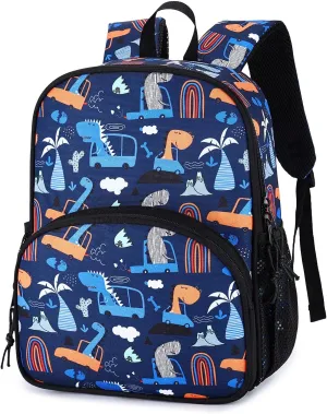 Kasqo Toddler Backpack, Water Resistant Preschool Kids Bookbag Kindergarten Daycare Schoolbag for Boys and Girls 3-6 Years,Dinosaur Car